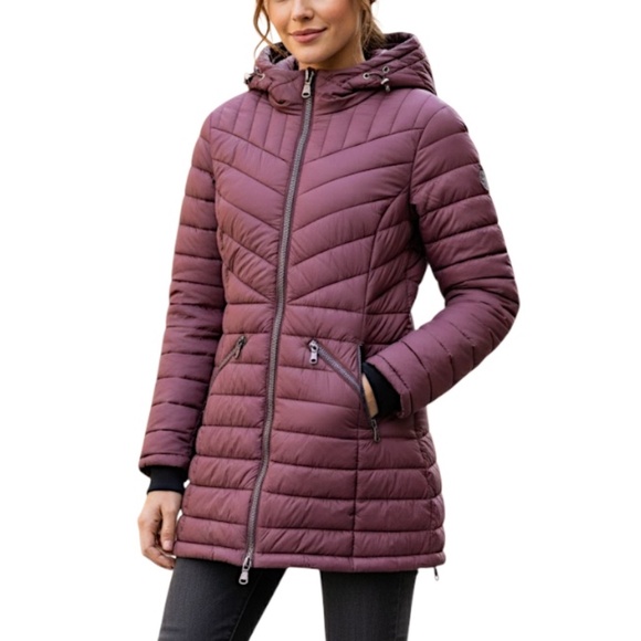 PAJAR burgundy vegan fill hooded 3/4 length mid weight packable parka coat S - Picture 1 of 17